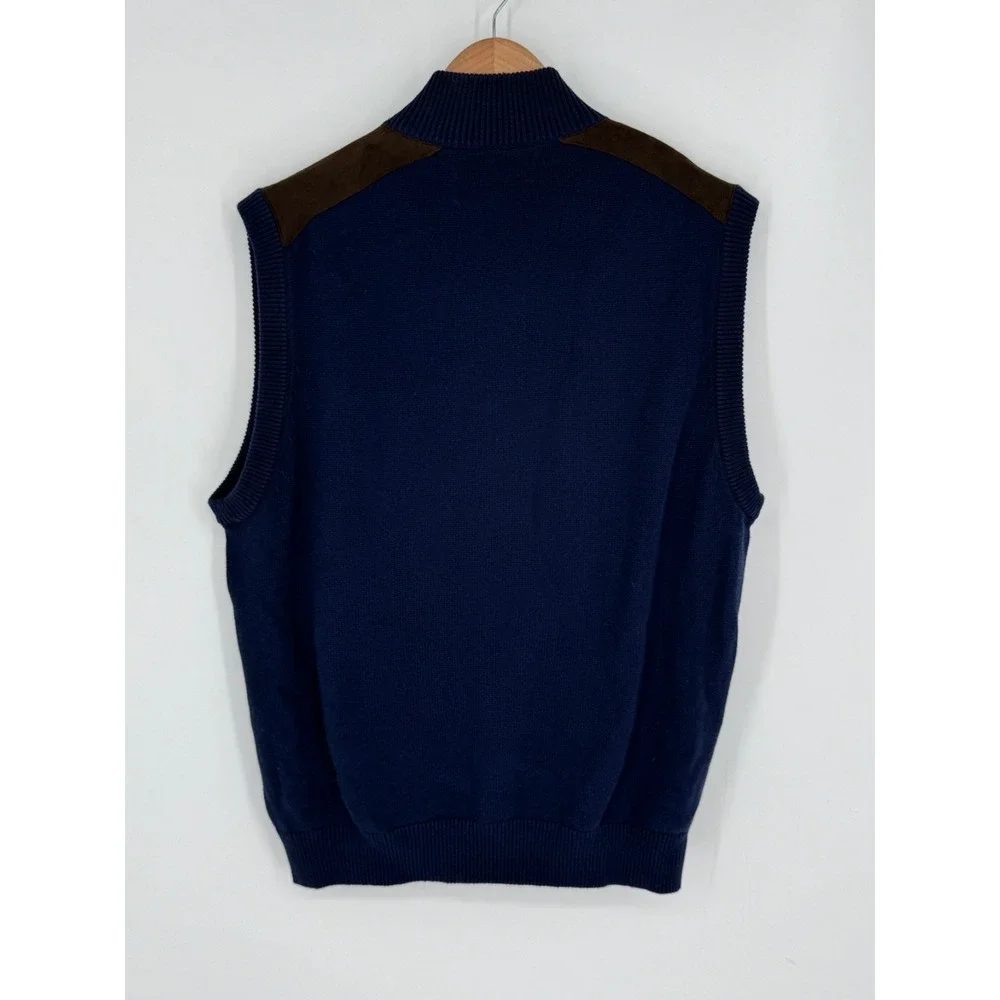 Chaps Sweater Vest Men's Large Full Zip Navy Microsuede Trim Pockets Cotton M1